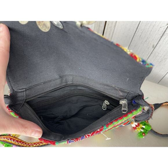 Vintage Boho Banjara Crossbody Handbag Festive Sequin Embroidery Coin Accent - Picture 3 of 9